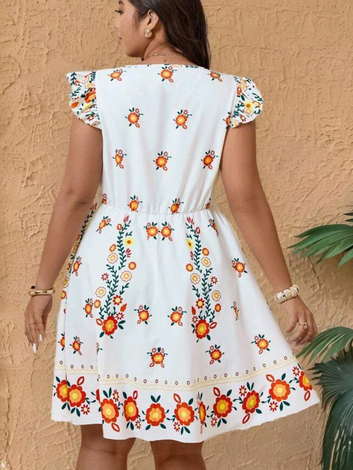 5855 Round Neck Tropical Print Cap Sleeve Dress with Front Bow