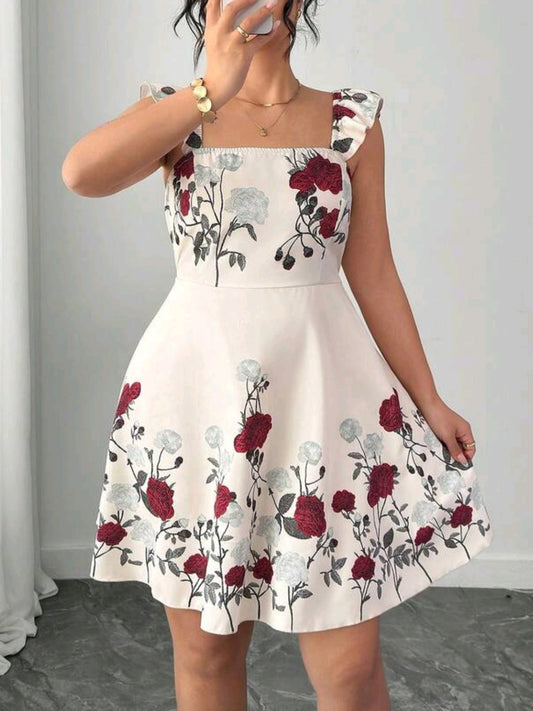 9310 Square Collar Flowy Flutter Sleeve A-Line Dress