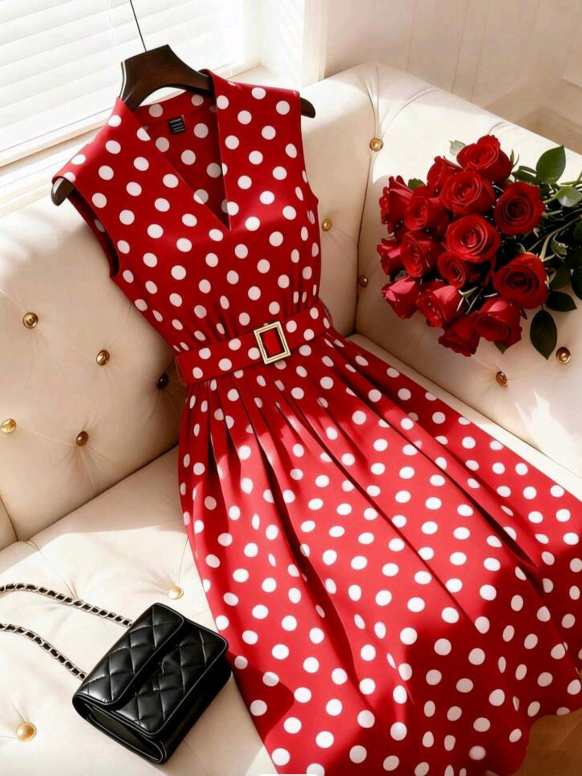 8264 Sleeveless V-Neck Polka Dot Print Cinched Waist A-Line Maxi Dress