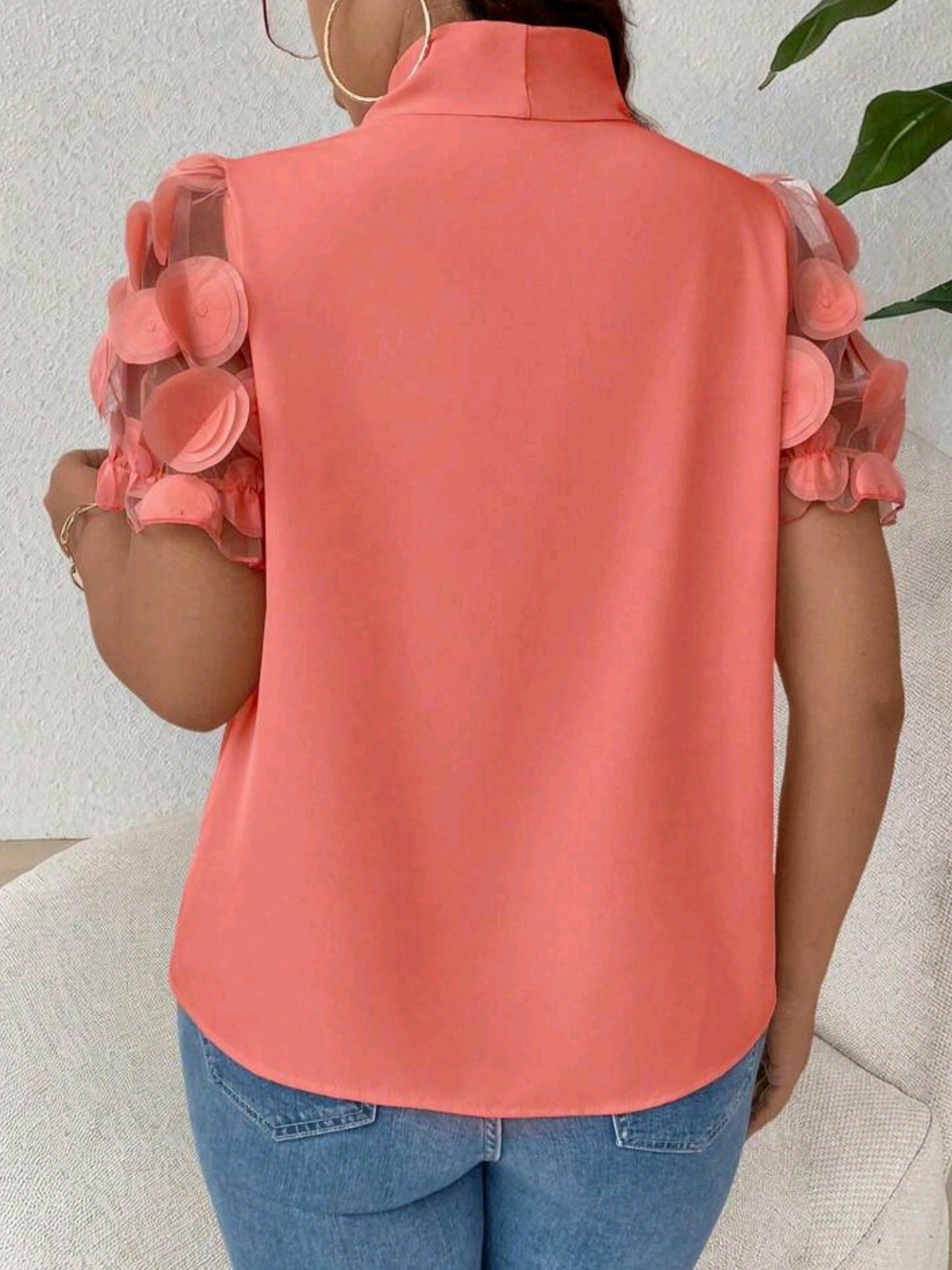 #4532 Elegant Casual Sleeve Contrast Mesh Blouse