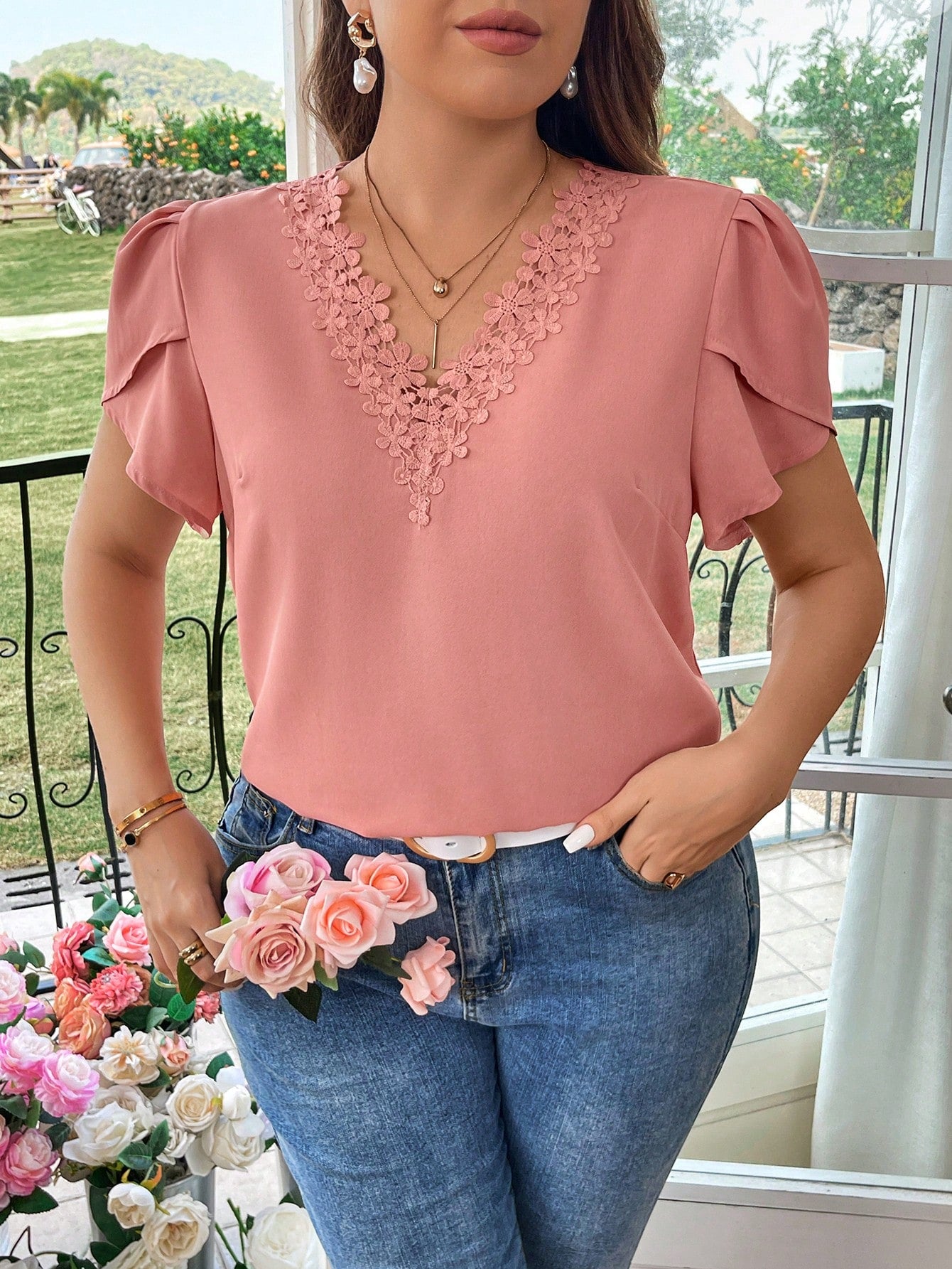 0666 Guipure Lace Trim Petal Sleeve Blouse