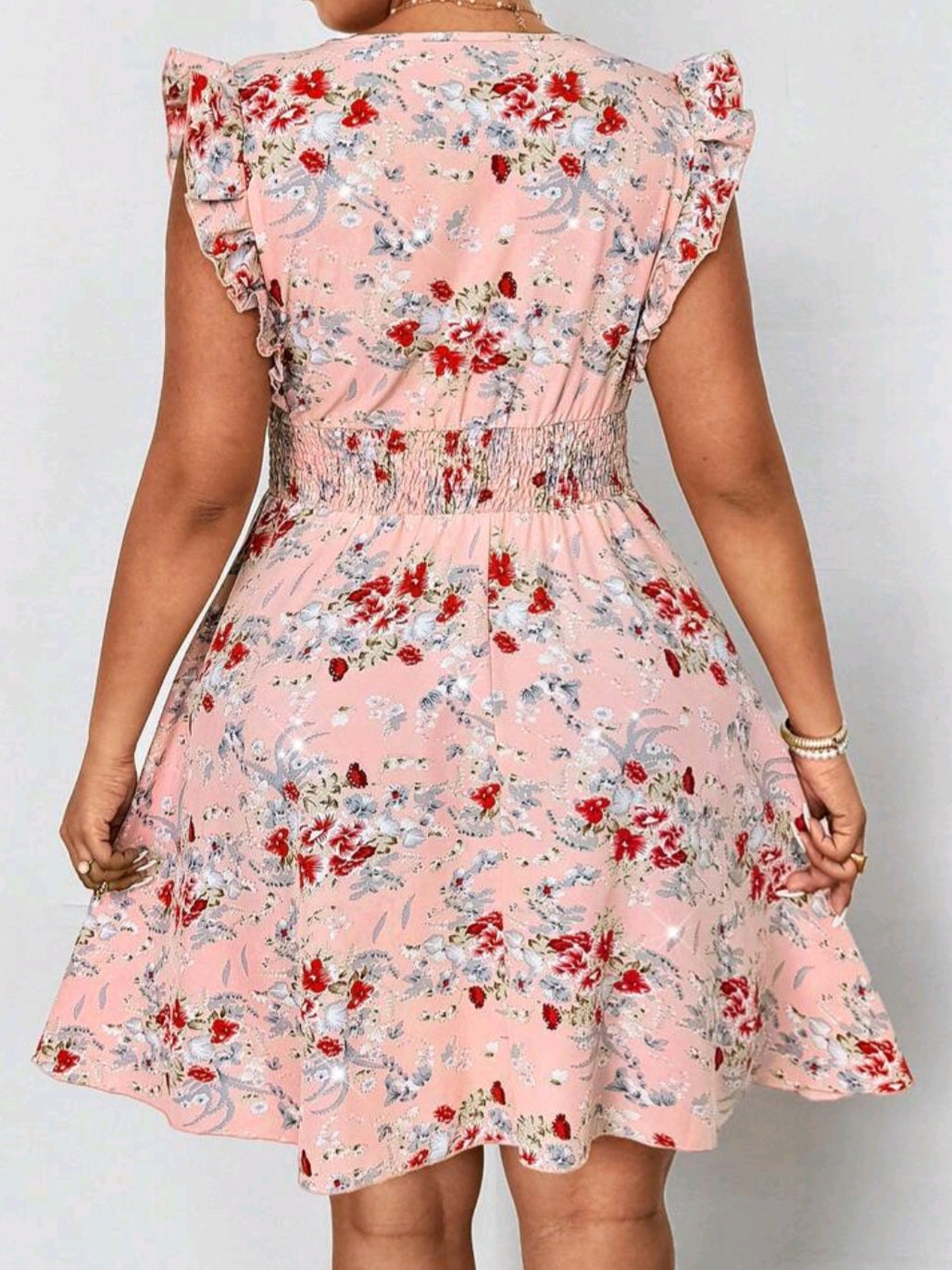 S #8888 Floral Prints Shirred Waist Short Cap Sleeve Dress