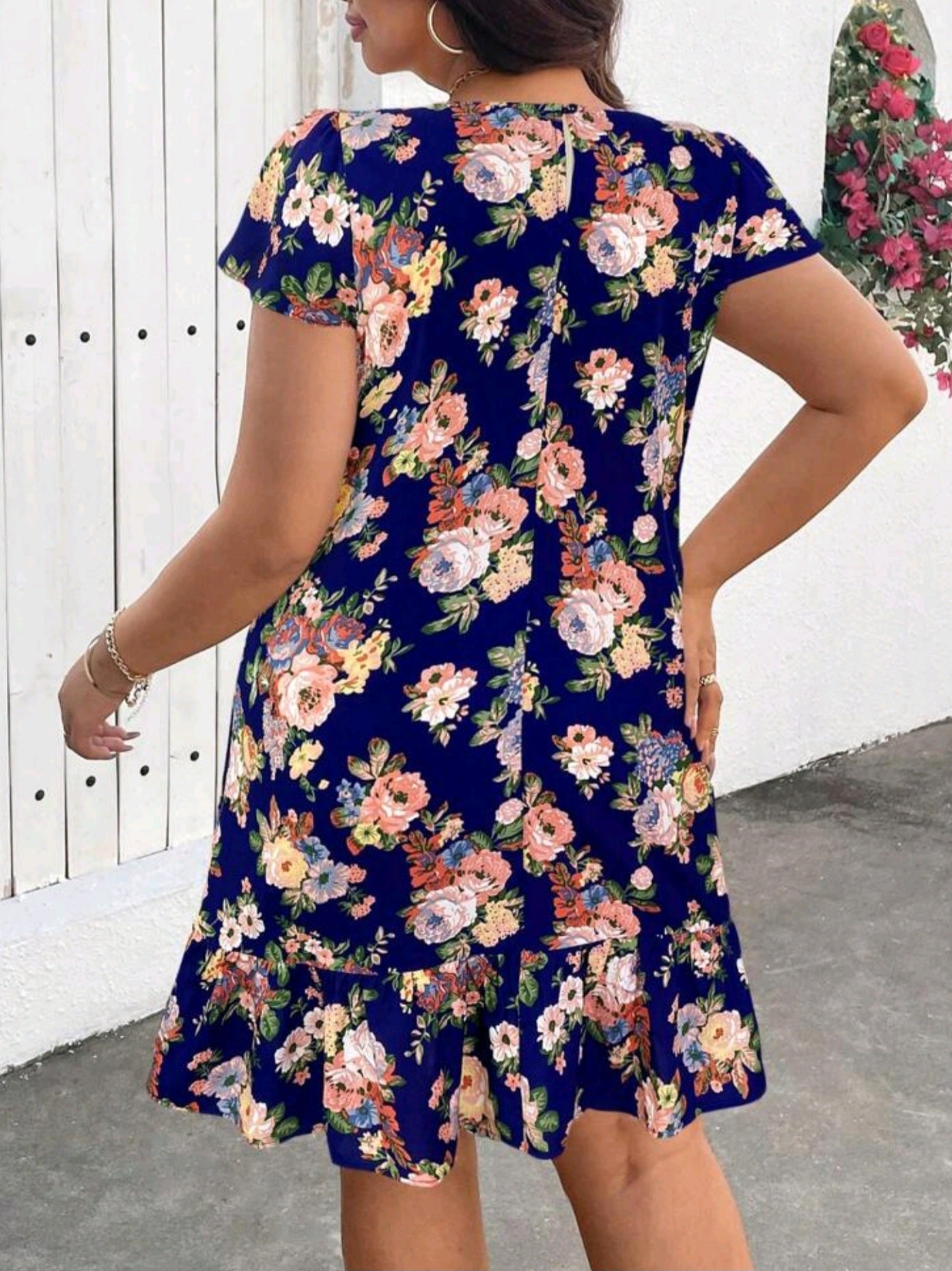 3340 Flower Print Ruffle Hem Dress