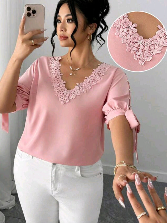 9454 Ruffle Tie-Up Half Sleeve Pearl Decor Top