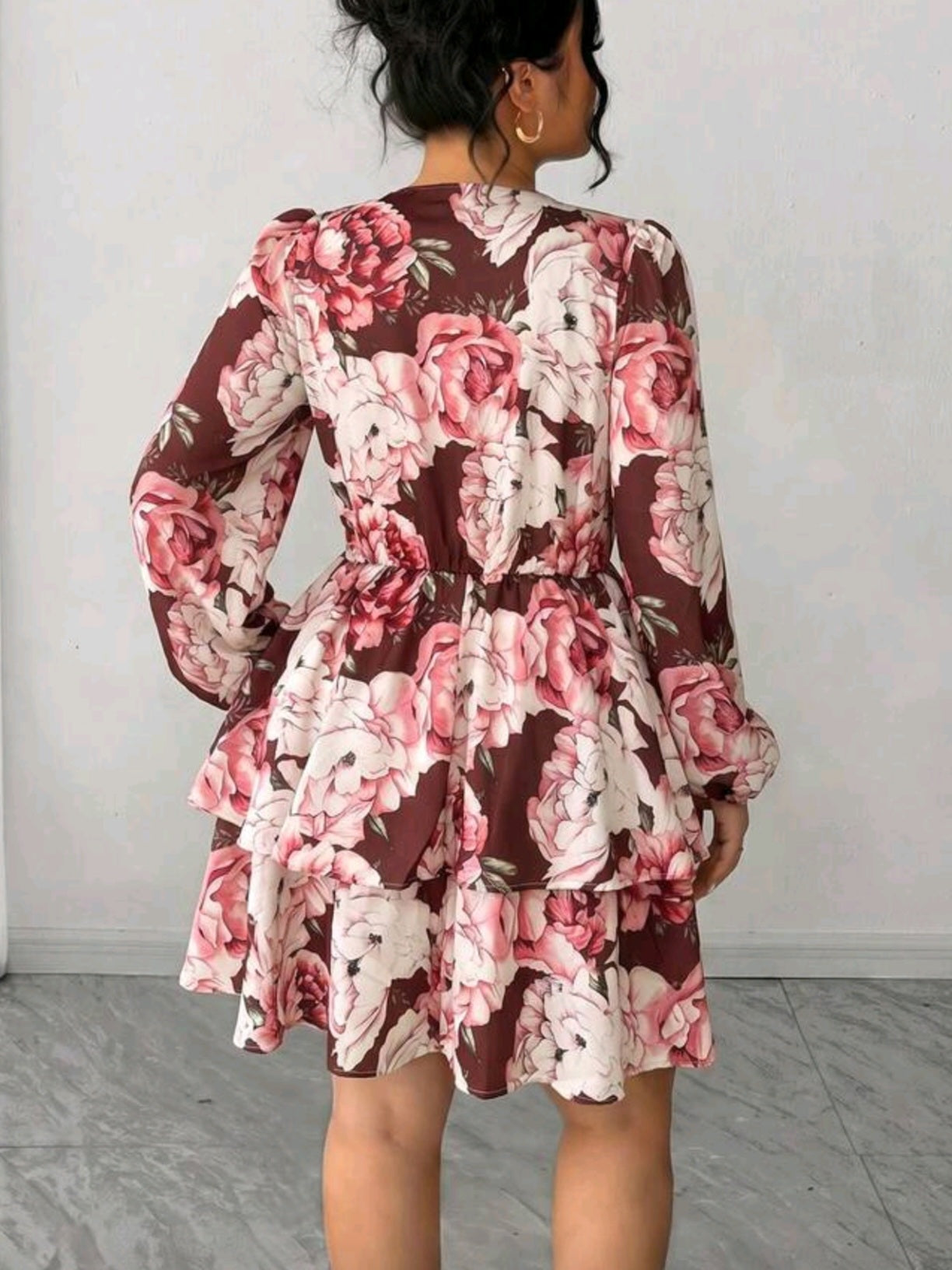 4878 V-Neck Petal Sleeve Double Ruffle Hem Dress