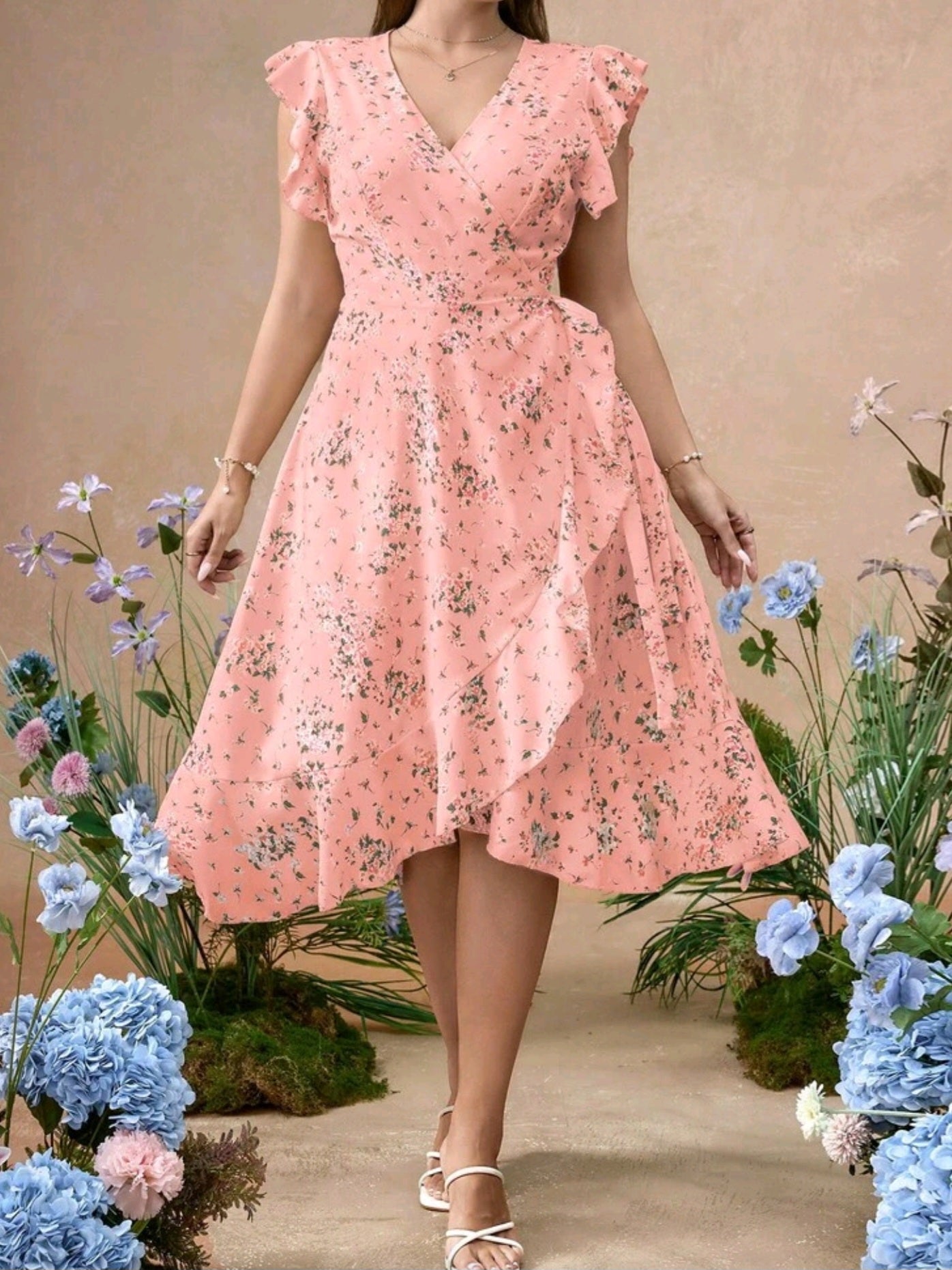 9883 Ruffled Sleeve Ditsy Floral Waist Fit & Flare Woven Dress