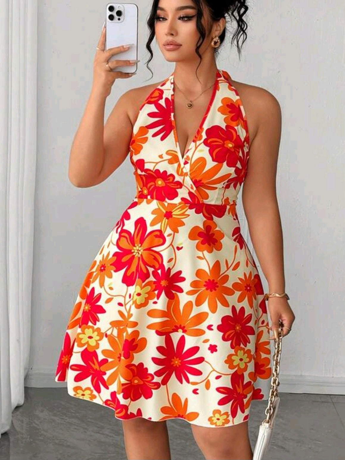 2003 Floral V-Neck Halter Back Dress