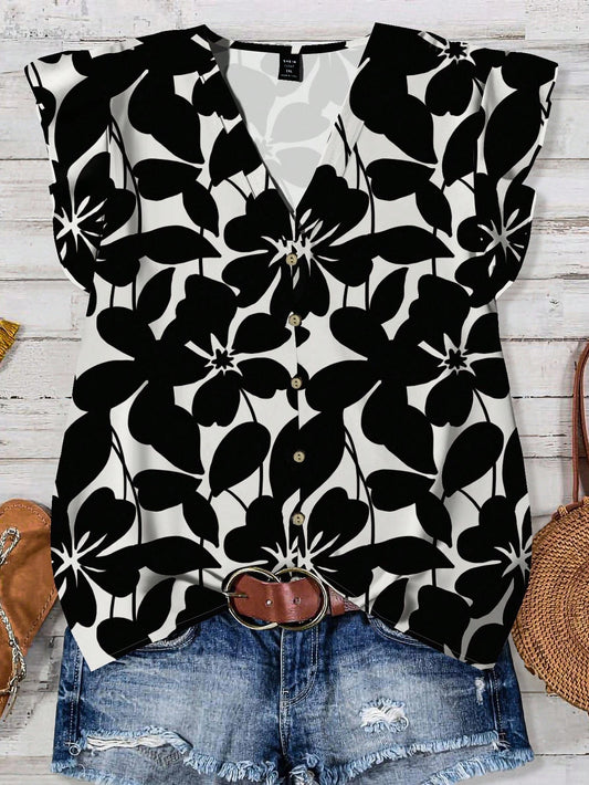 #8902 Floral Print Button Front Ruffle Sleeve Top