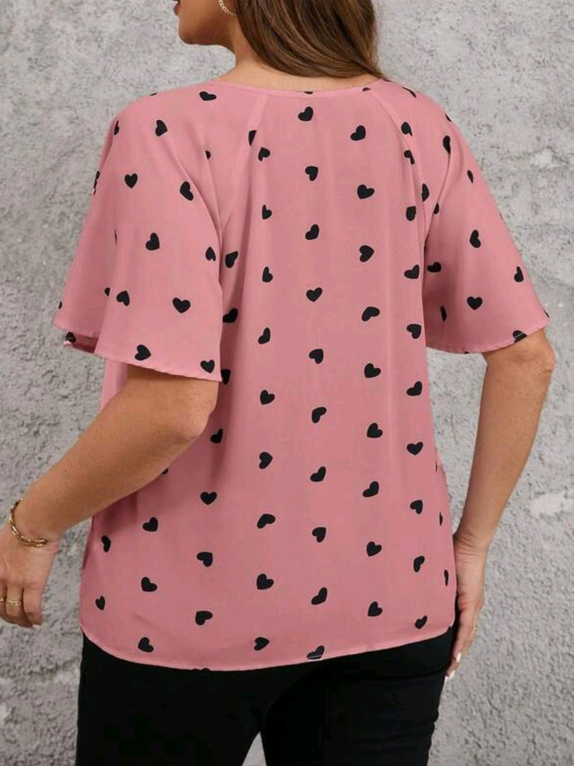 8042 Tie Collar Ruffle Heart Print Blouse