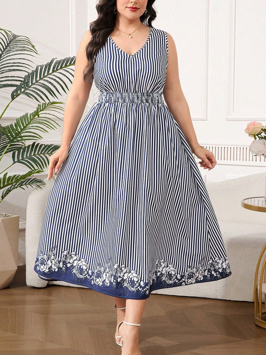 #1587 Floral Hem Stripe Dress