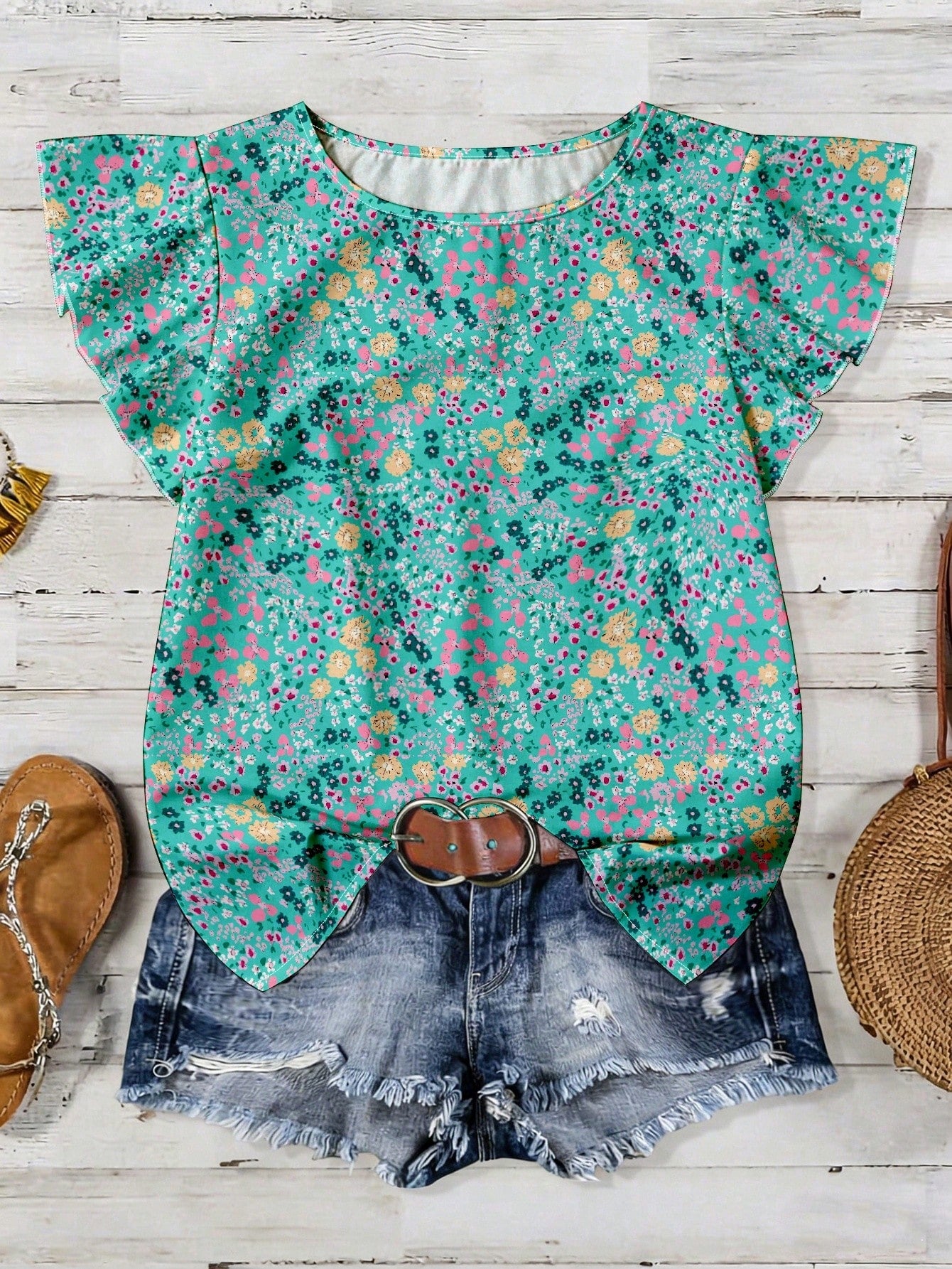 6297 Floral Ruffle Flutter Sleeve Blouse