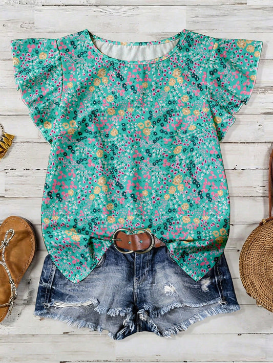 6297 Floral Ruffle Flutter Sleeve Blouse