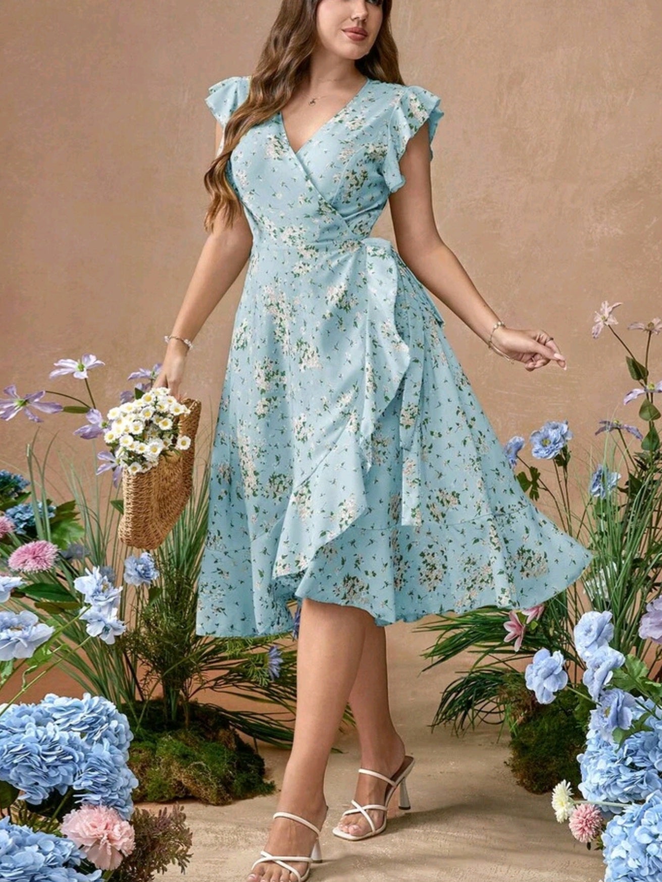 3612 Ruffled Sleeve Ditsy Floral Waist Fit & Flare Woven Dress