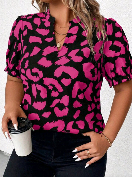 5893 V-Neck Random Print Puff Sleeve Blouse