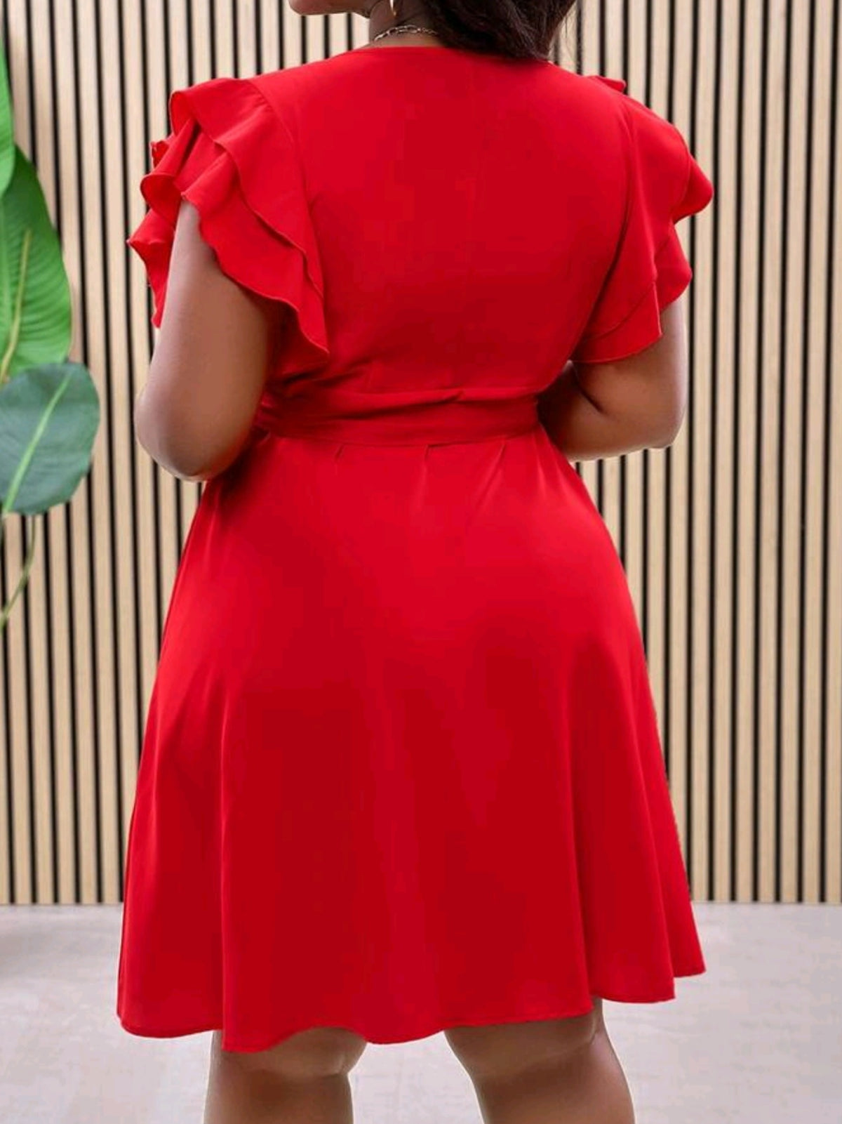 5687 Double Ruffle Wrap-Style Tied Side Waist Fit Flare Dress