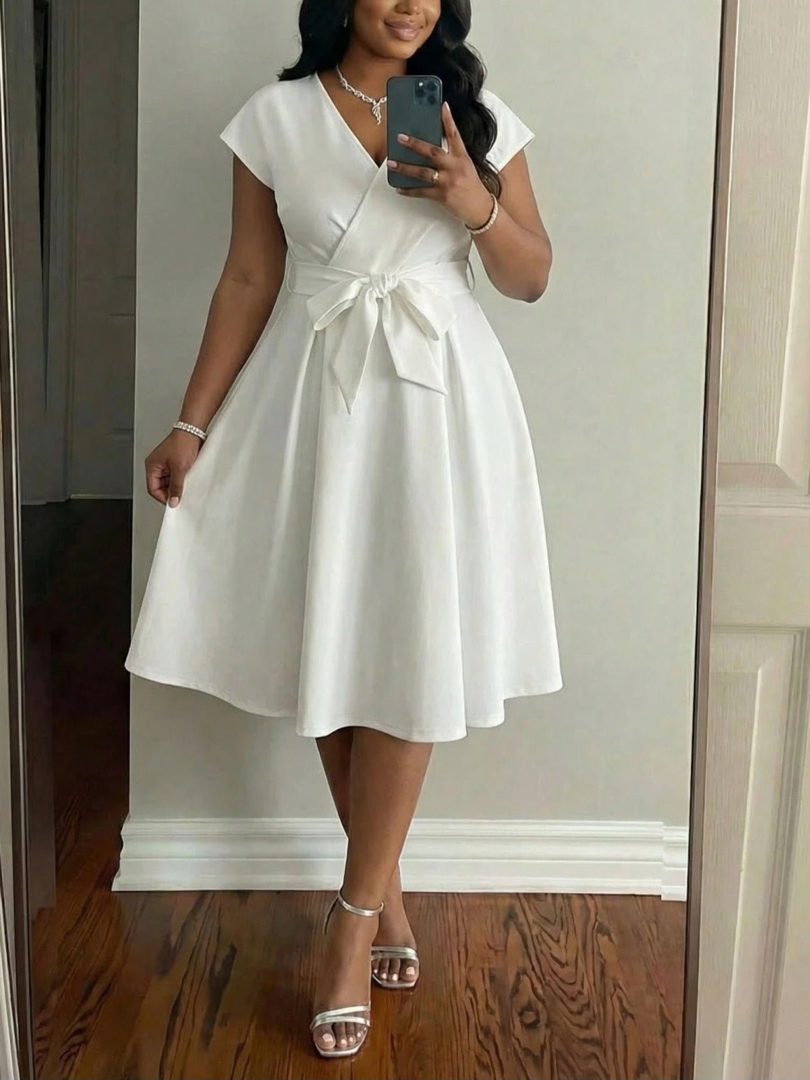 2699 Bow Waist Design Dress - lily white
