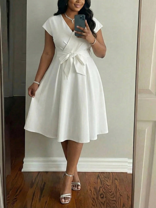 2699 Bow Waist Design Dress - lily white