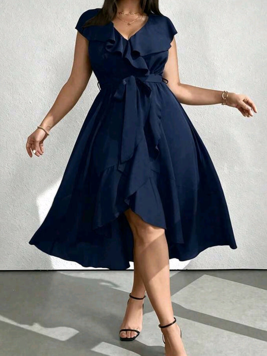 8659 V-Neck Ruffle Trim Dress