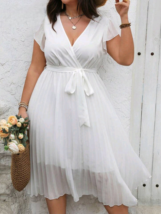 #5754 V-Neck Chiffon Pleated Dress