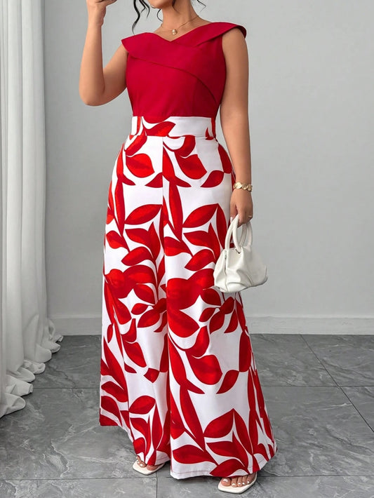 0842  V-Neck Sleeveless Cinched Waist Jumpsuit