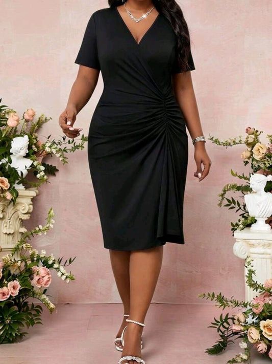 2756 V-Neck Ruched Midi Dress