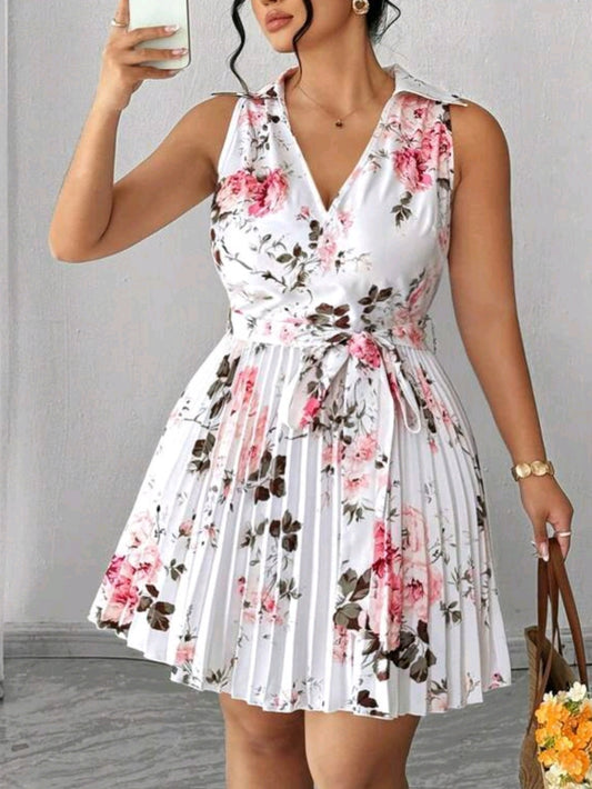 3543 Floral Print Lapel Sleeveless Ruched A-Line Dress