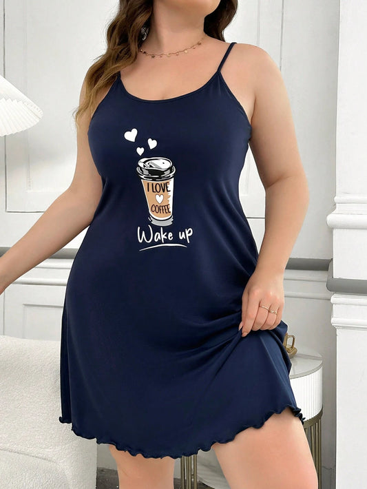 48433 Coffee Cup Print Casual Camisole Sleep Dress