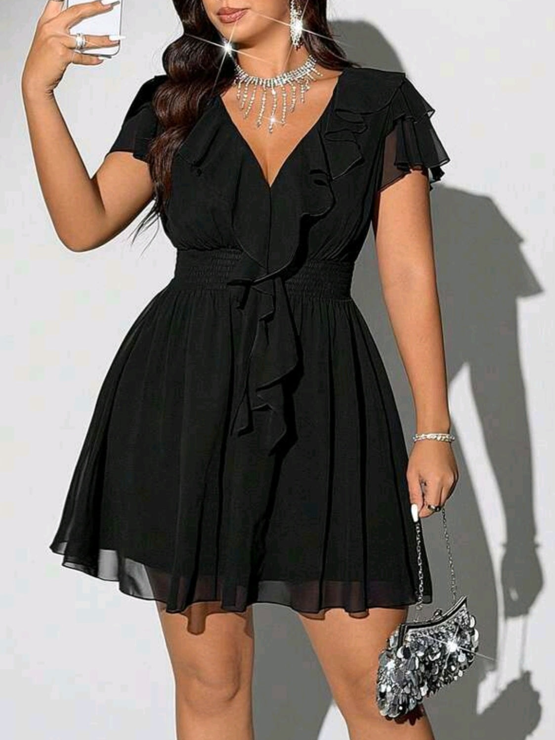 6500 V Neck Ruffle Waist A-Line Chiffon Dress
