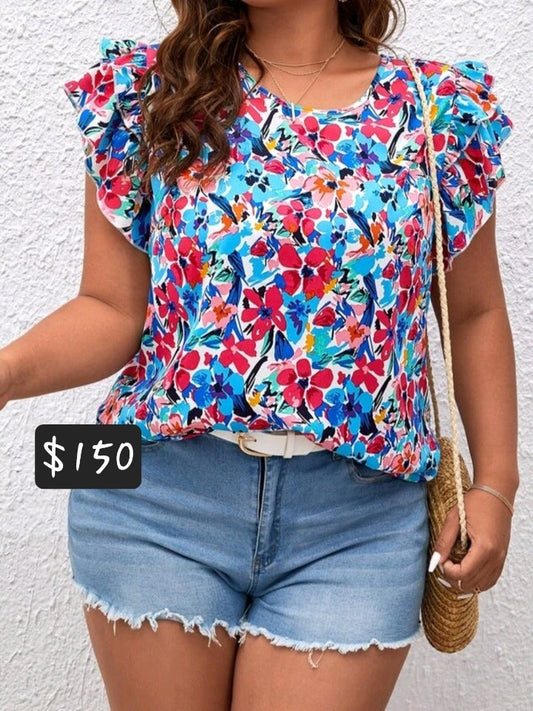 #5631 Floral Print Ruffle Trim Blouse