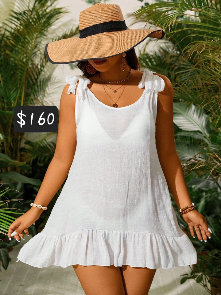 #1199 Shoulder Knot Ruffle Hem Sheer Cover Up Dress