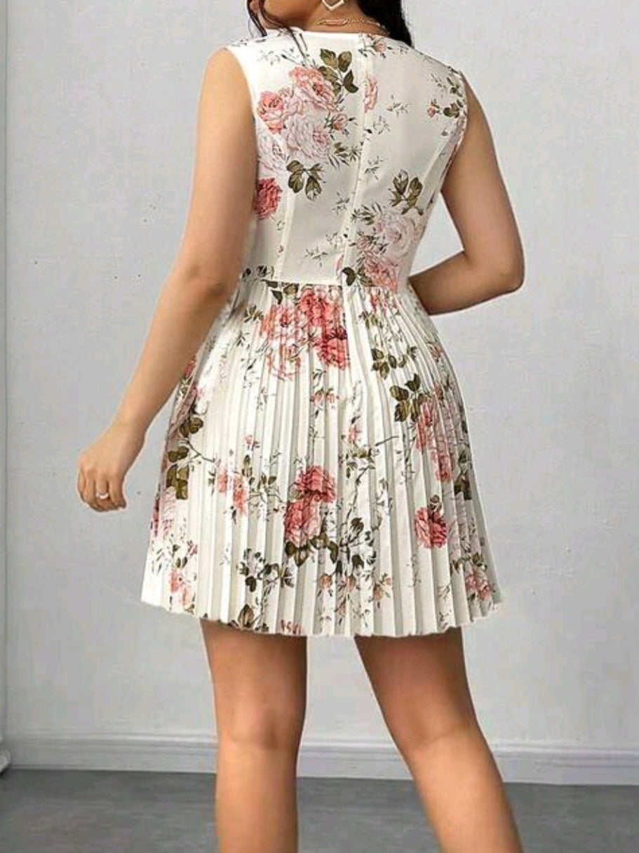 3671 Floral V-Neck Sleeveless Cinched Waist Pleated A-line Dress