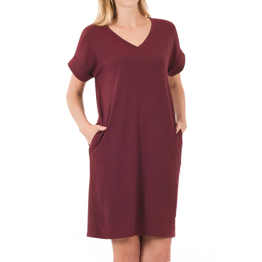Rolled Short Sleeve V Neck Dress with pockets