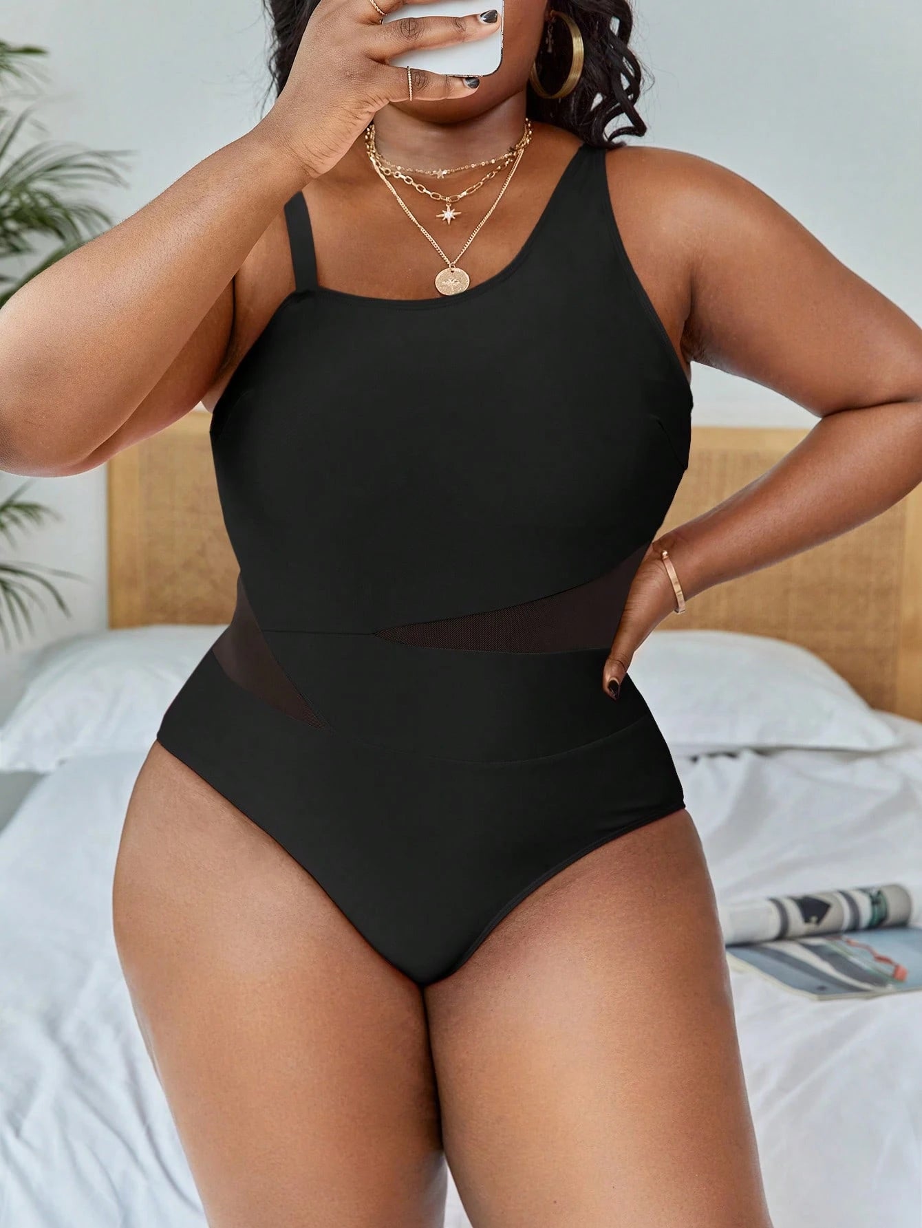 7381 Contrast Mesh Asymmetrical Neck One Piece Swimsuit