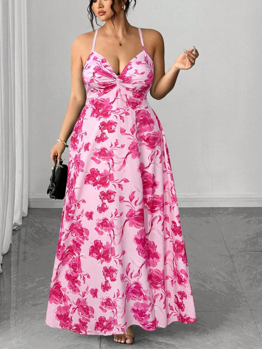 2200 Floral Print Twist Front Tie Waist Design With Hem Slit Dress