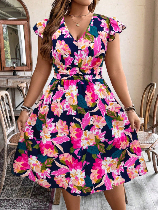 8045 Floral Print V-Neck Puff Sleeve Ruched Waist A-Line Dress