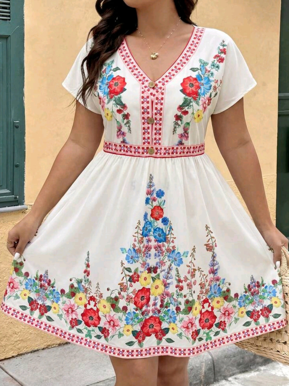 0540 V-Neck Floral Print Ruched Dress