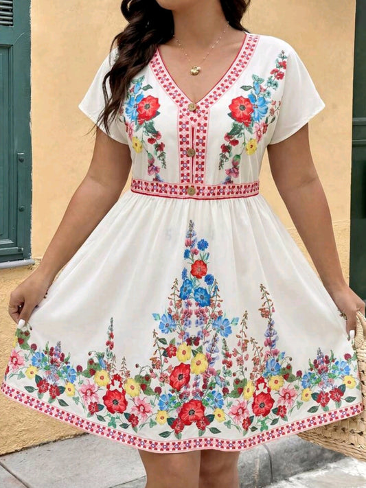 0540 V-Neck Floral Print Ruched Dress