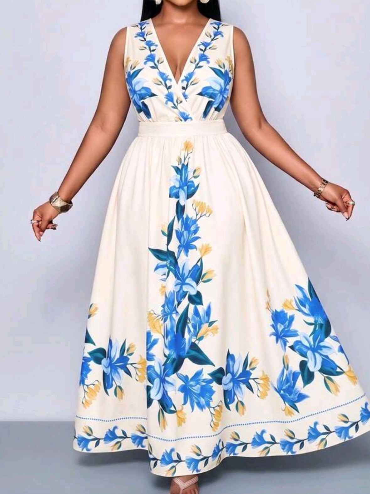 9485 V-Neck Sleeveless Cinched Waist A-Line Dress
