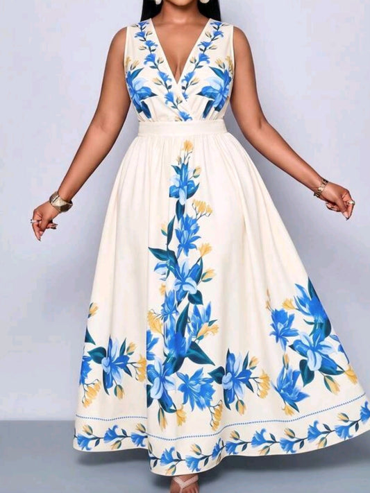9485 V-Neck Sleeveless Cinched Waist A-Line Dress