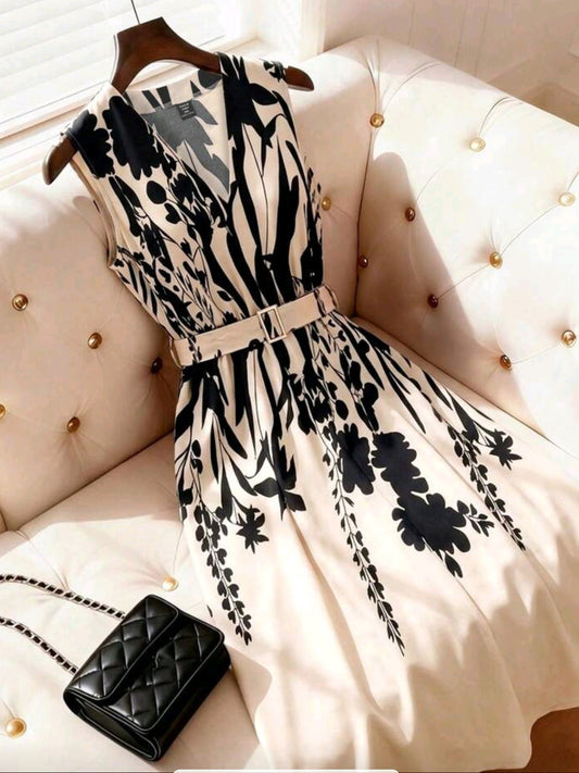 8973 V-Neck Floral Print Elastic Waist A-Line Maxi Dress