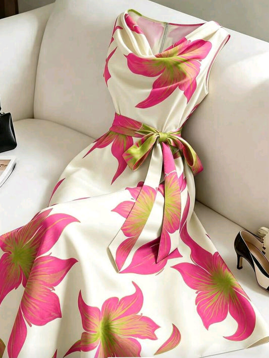 1848 Sleeveless Floral Print Dress With Bow Tie Sash