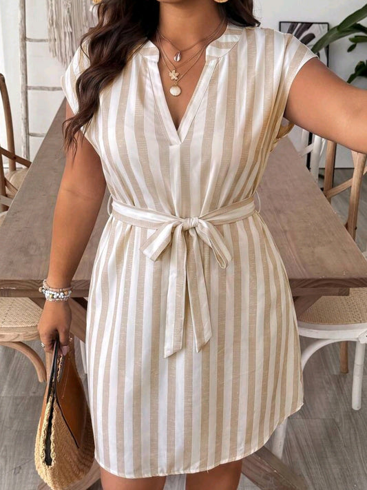 0967 Batwing Short Sleeve Shirt Dress With Waist Tie