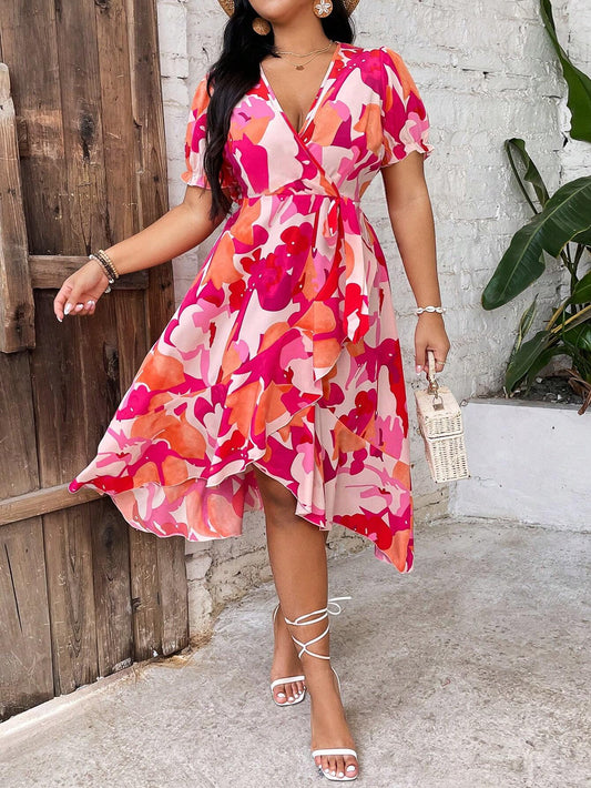 #4927 Floral Digital Print Puff Sleeve Dress