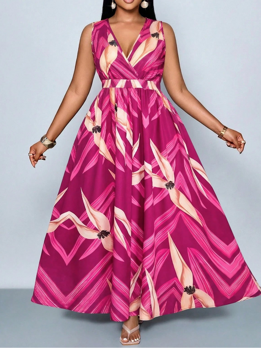 4177 Floral Print Stretch Waist Maxi Dress