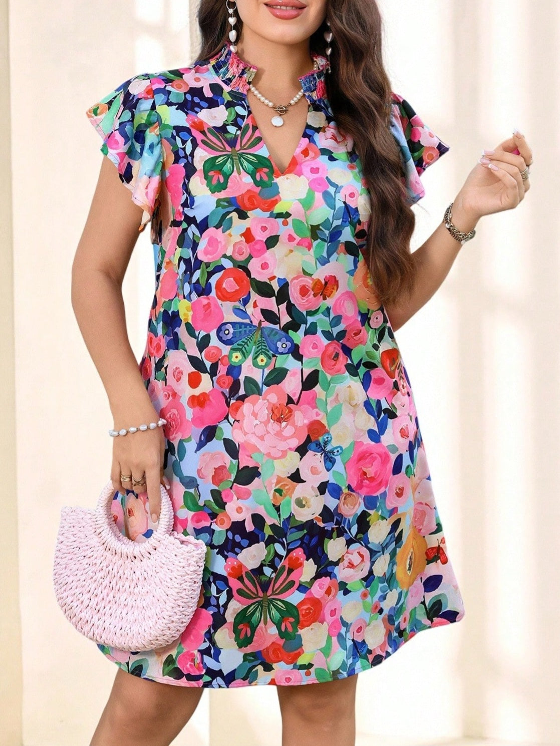 8558 Floral Print Ruffle Sleeve Dress