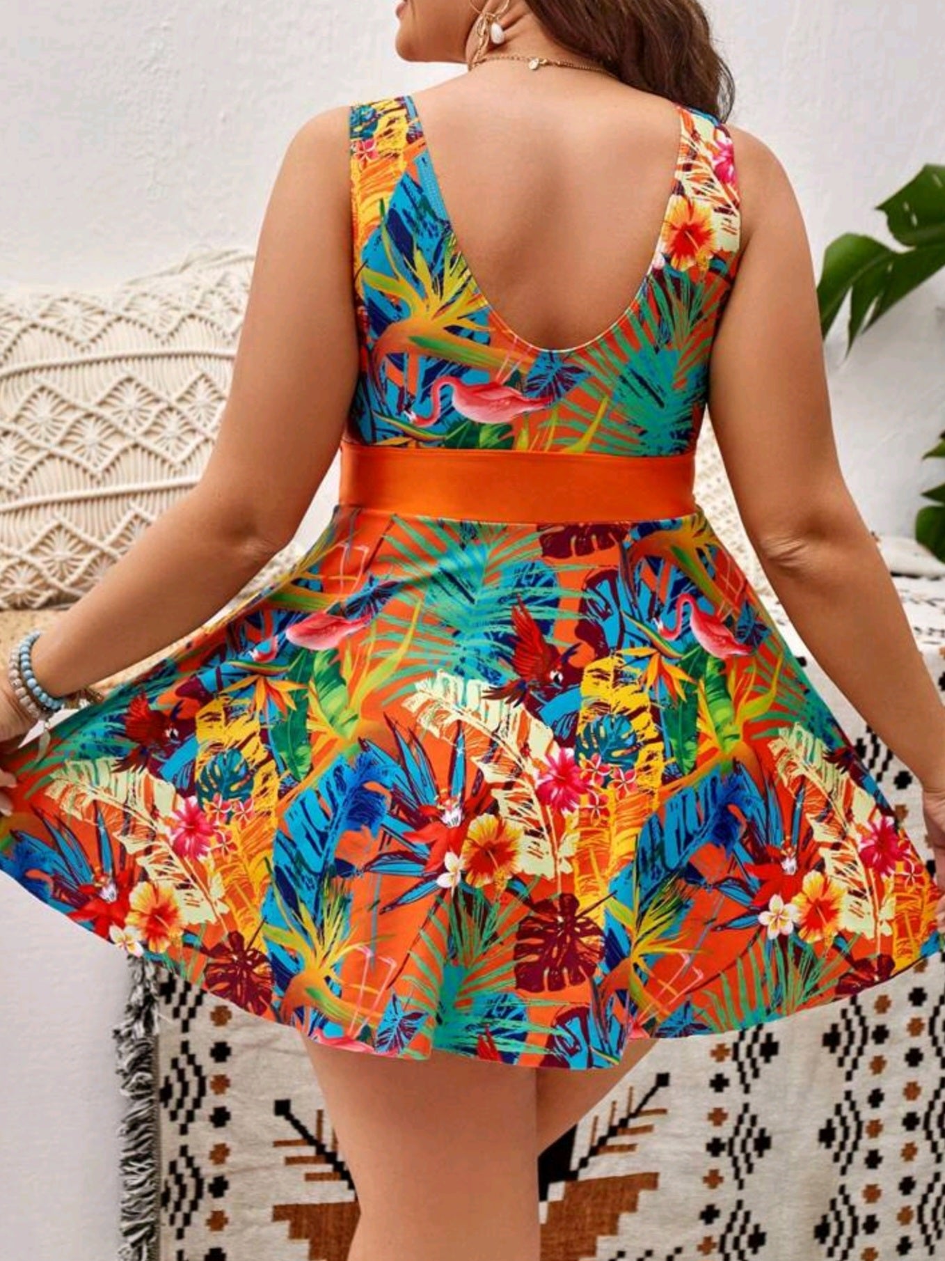 8968 2 pcs Tropical Print Contrast Mesh Swim Dress