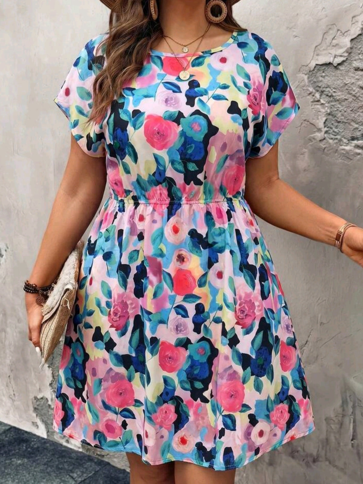 9620 Batwing Short Sleeve Waist-Cinching Dress
