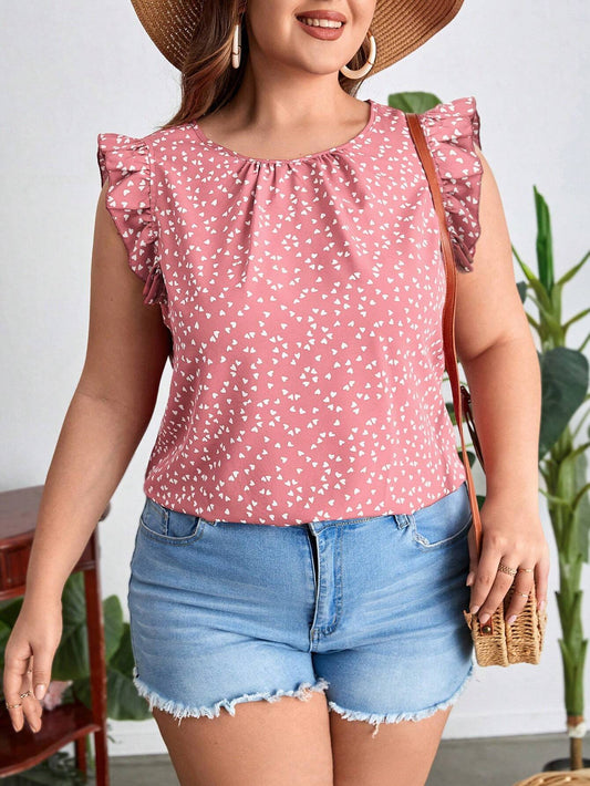 #0072 Heart Printed Ruffle Hem Sleeveless Blouse