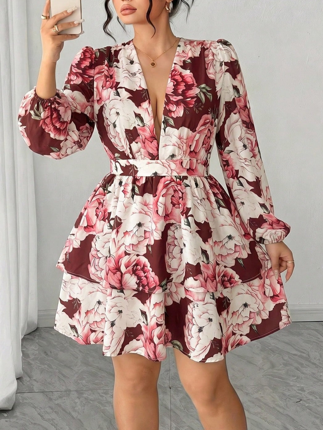 4878 V-Neck Petal Sleeve Double Ruffle Hem Dress