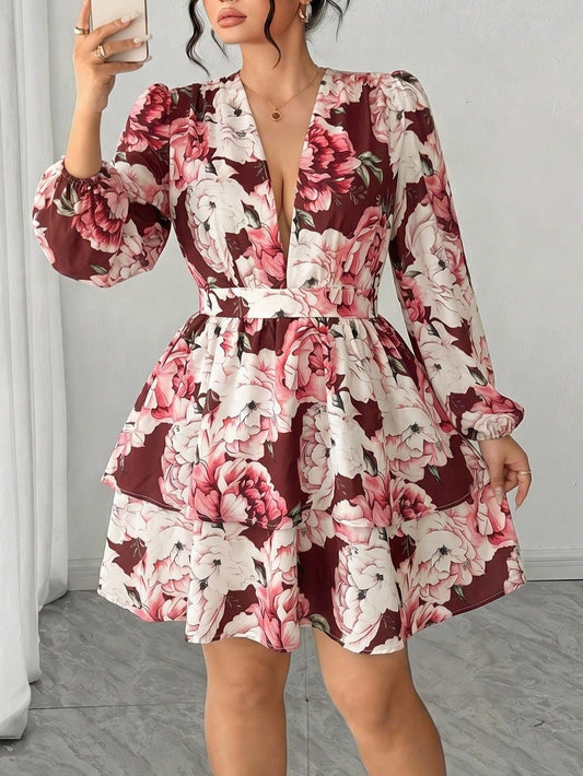 4878 V-Neck Petal Sleeve Double Ruffle Hem Dress